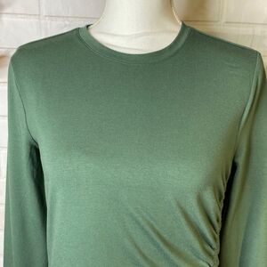 Comfy Green Stretch Ruched Long Sleeve Midi Dress womens M medium Crew Neck